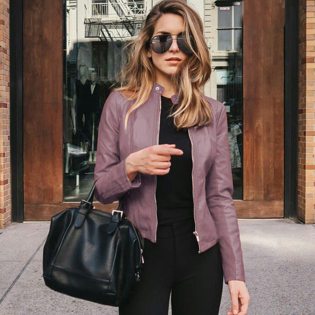 Women's Faux Leather Moto Jacket with Zip Front