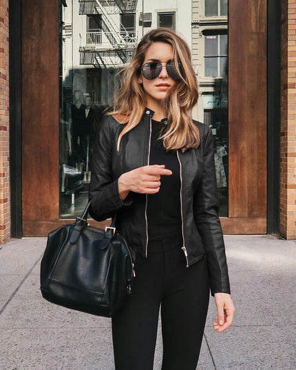 Women's Faux Leather Moto Jacket with Zip Front