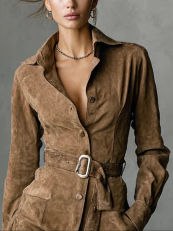 Women's Faux Suede Lapel Shirt Dress with Long Sleeves