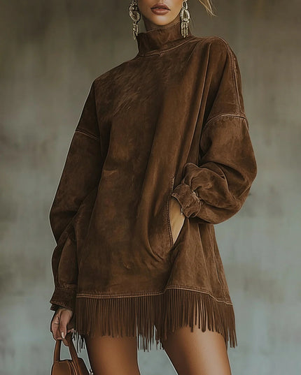 Women's Faux Suede Turtleneck Mini Dress with Fringe Hem