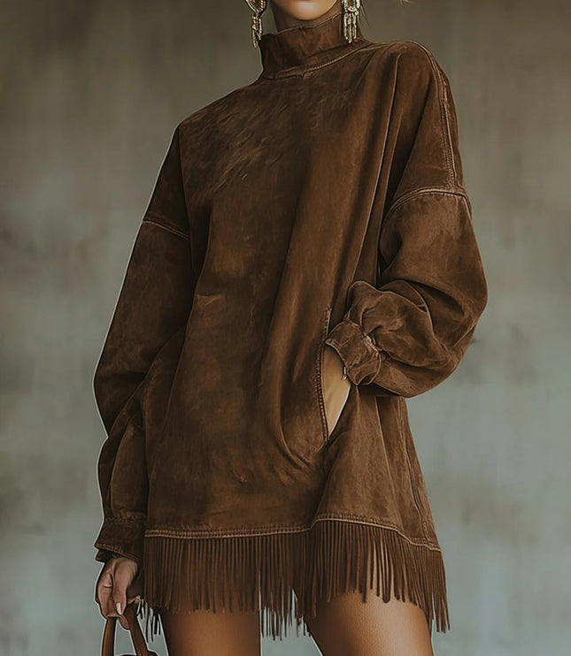Women's Faux Suede Turtleneck Mini Dress with Fringe Hem