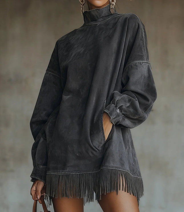 Women's Faux Suede Turtleneck Mini Dress with Fringe Hem