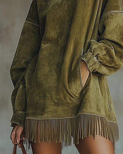 Women's Faux Suede Turtleneck Mini Dress with Fringe Hem