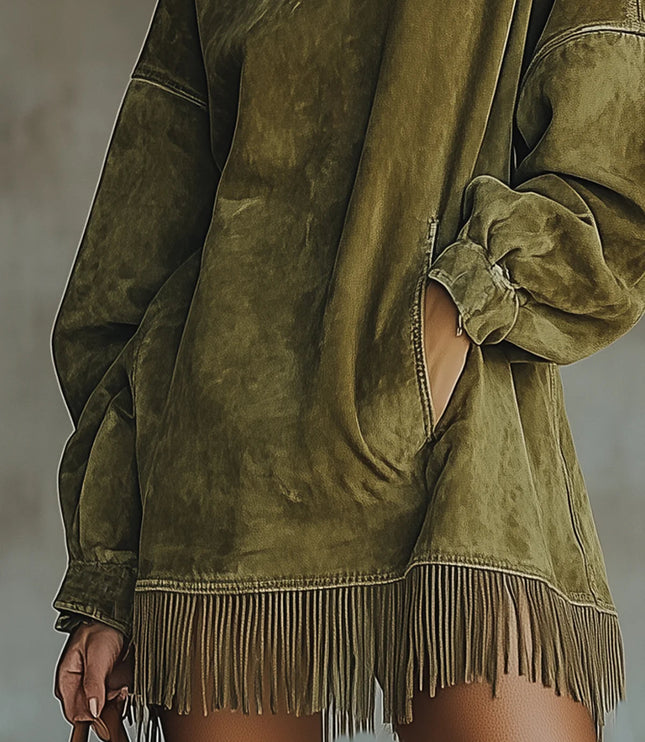 Women's Faux Suede Turtleneck Mini Dress with Fringe Hem