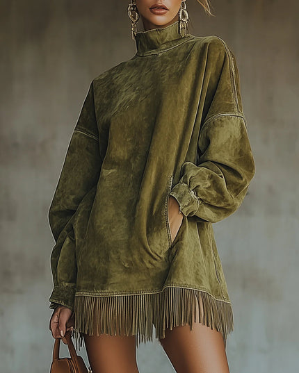 Women's Faux Suede Turtleneck Mini Dress with Fringe Hem