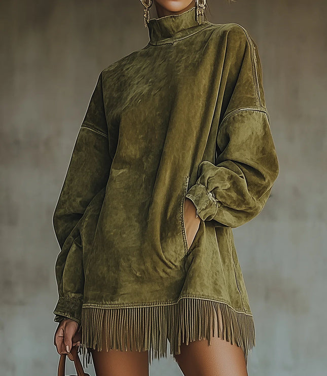 Women's Faux Suede Turtleneck Mini Dress with Fringe Hem