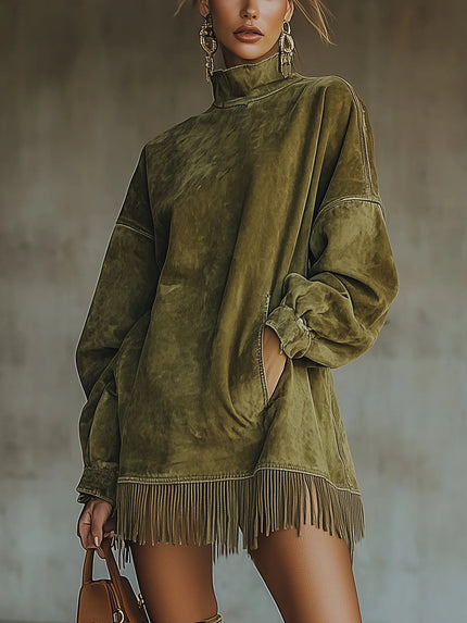 Women's Faux Suede Turtleneck Mini Dress with Fringe Hem