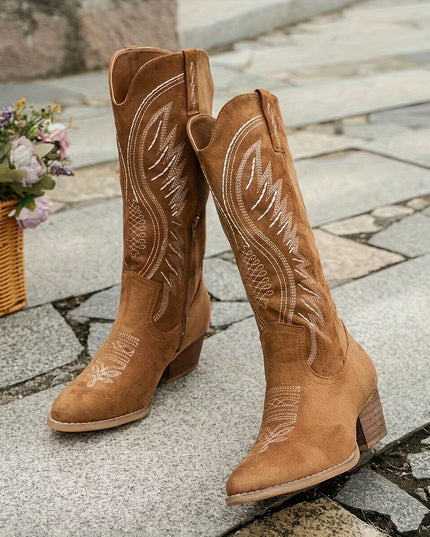 Women's Feather-Embroidered Western Knee-High Boots