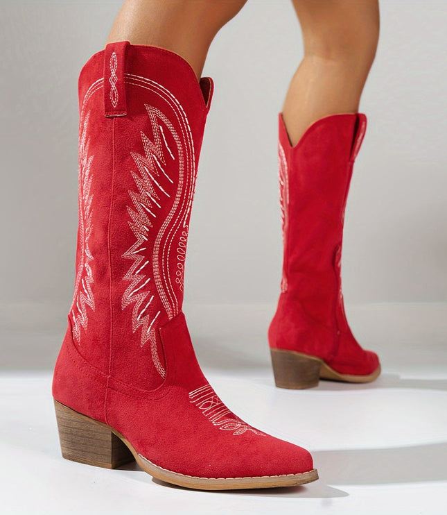 Women's Feather-Embroidered Western Knee-High Boots