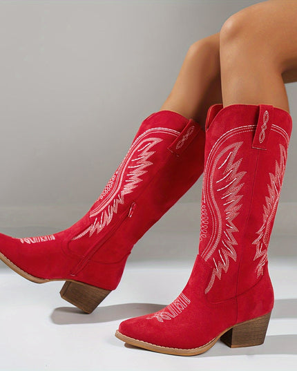 Women's Feather-Embroidered Western Knee-High Boots