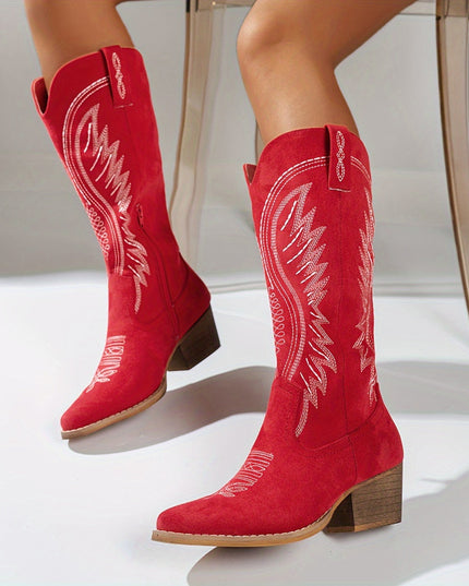Women's Feather-Embroidered Western Knee-High Boots