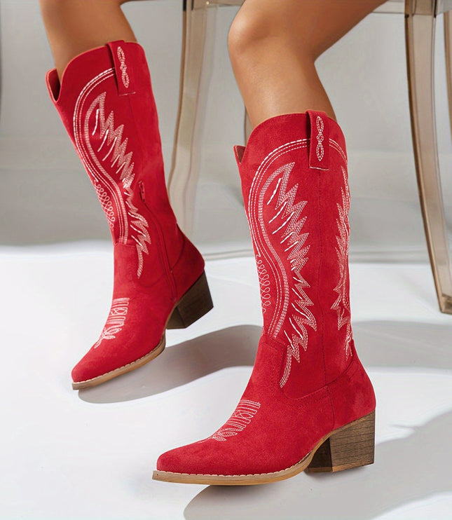 Women's Feather-Embroidered Western Knee-High Boots