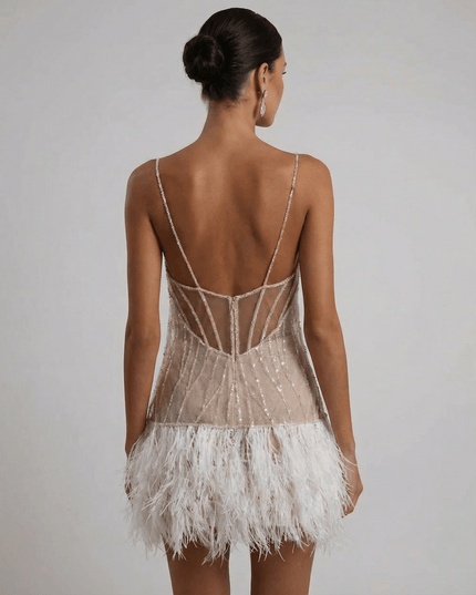 Women's Feather Trim Sequin Mini Dress with Open Back