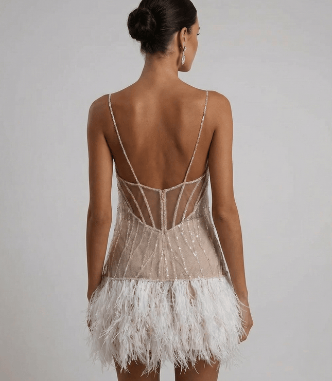 Women's Feather Trim Sequin Mini Dress with Open Back