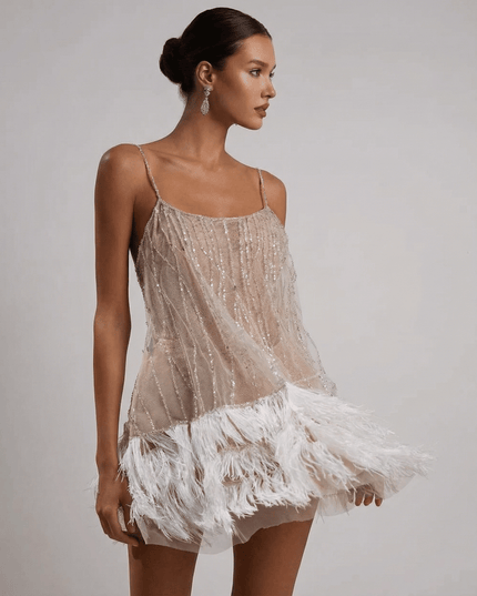 Women's Feather Trim Sequin Mini Dress with Open Back