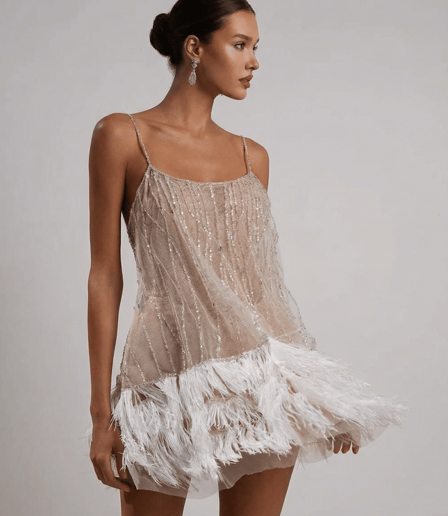 Women's Feather Trim Sequin Mini Dress with Open Back