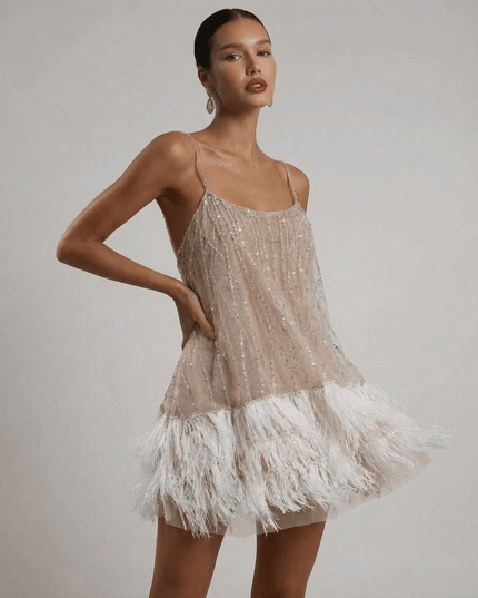 Women's Feather Trim Sequin Mini Dress with Open Back