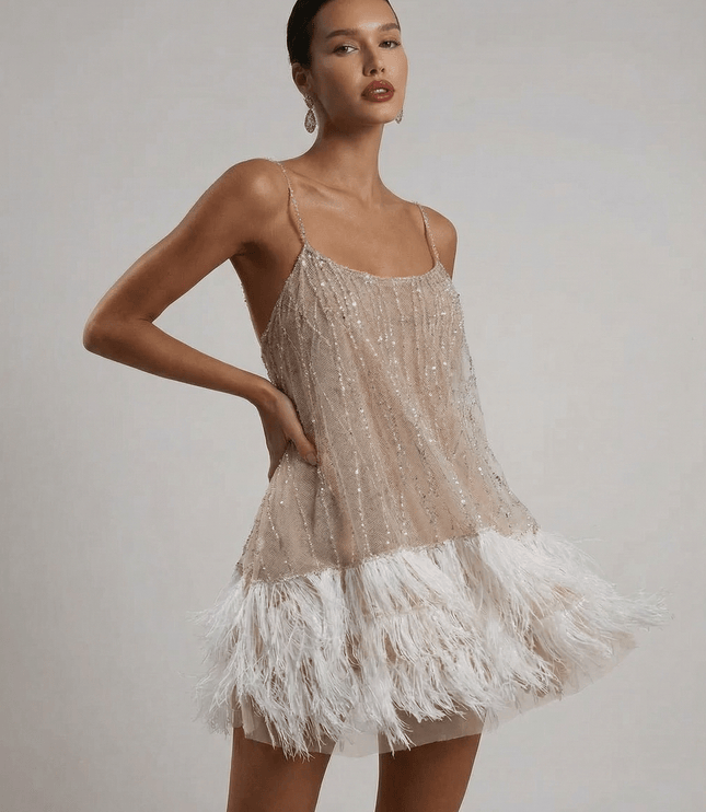 Women's Feather Trim Sequin Mini Dress with Open Back