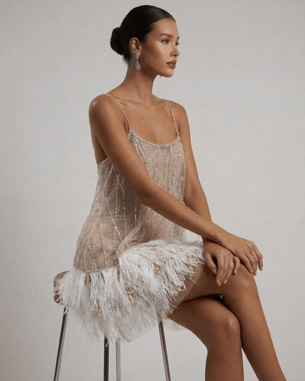 Women's Feather Trim Sequin Mini Dress with Open Back