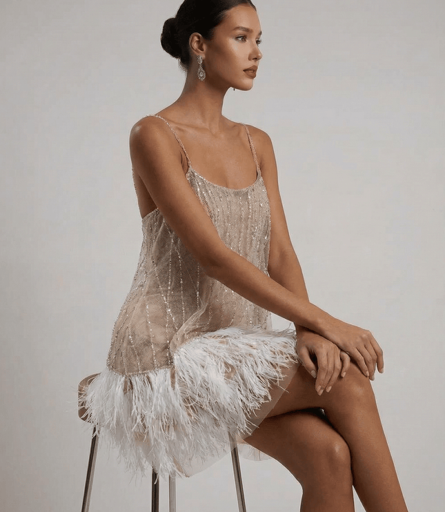 Women's Feather Trim Sequin Mini Dress with Open Back