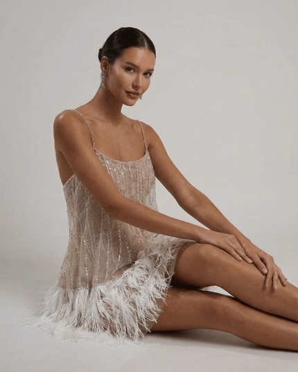 Women's Feather Trim Sequin Mini Dress with Open Back