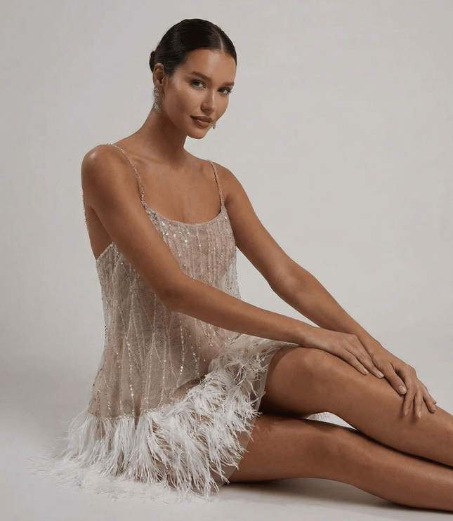 Women's Feather Trim Sequin Mini Dress with Open Back