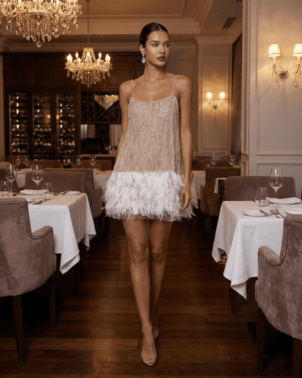 Women's Feather Trim Sequin Mini Dress with Open Back