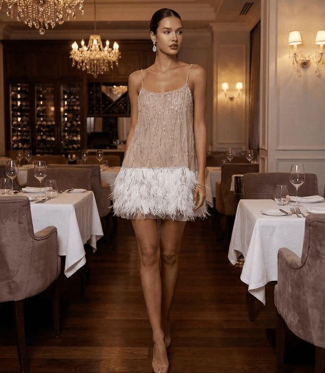 Women's Feather Trim Sequin Mini Dress with Open Back
