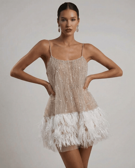 Women's Feather Trim Sequin Mini Dress with Open Back
