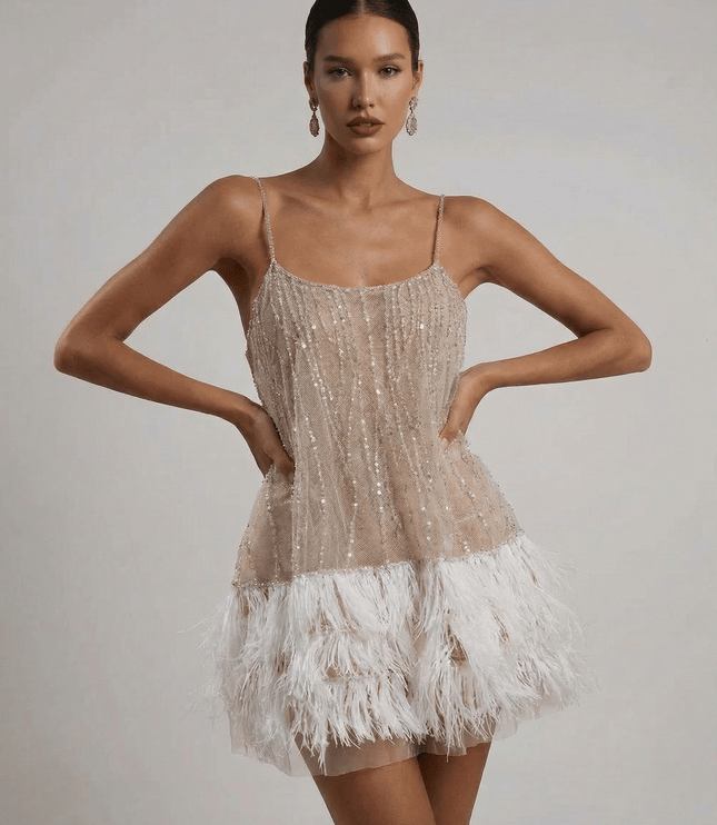 Women's Feather Trim Sequin Mini Dress with Open Back