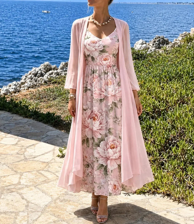 Women's Floral Maxi Dress with a Matching Sheer Duster