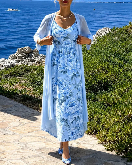 Women's Floral Maxi Dress with a Matching Sheer Duster