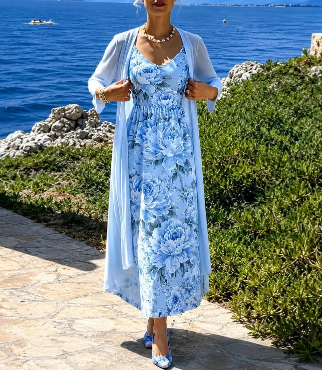 Women's Floral Maxi Dress with a Matching Sheer Duster