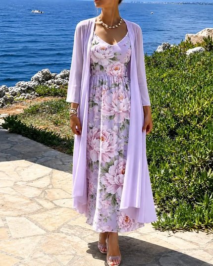 Women's Floral Maxi Dress with a Matching Sheer Duster