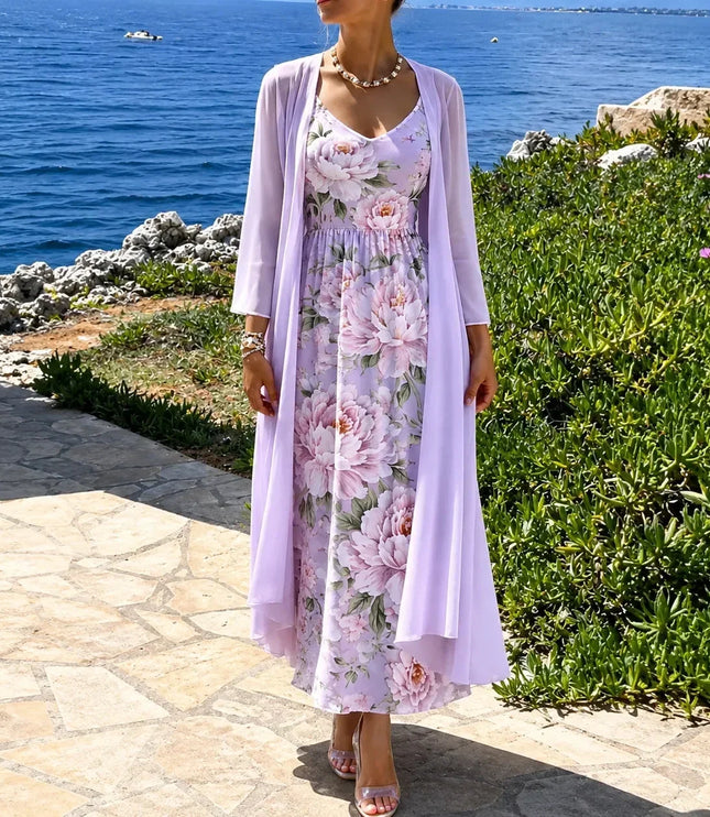 Women's Floral Maxi Dress with a Matching Sheer Duster