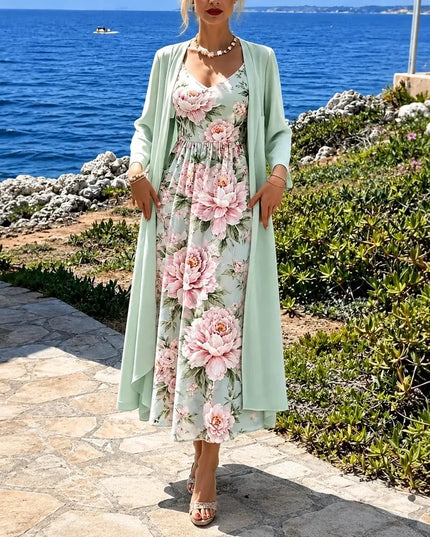 Women's Floral Maxi Dress with a Matching Sheer Duster