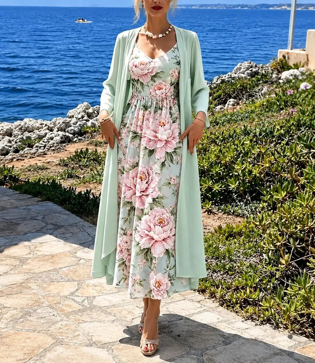 Women's Floral Maxi Dress with a Matching Sheer Duster