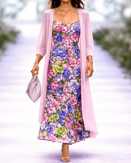 Women's Floral Maxi Dress with a Matching Sheer Duster