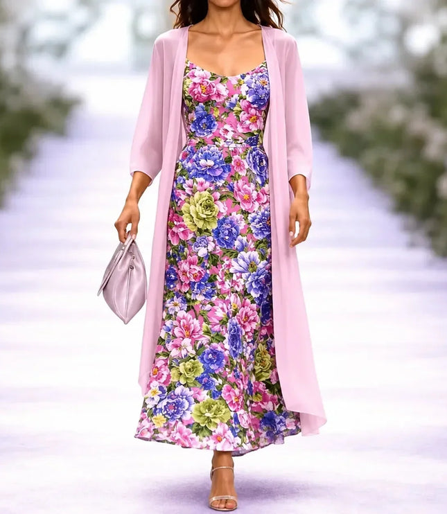 Women's Floral Maxi Dress with a Matching Sheer Duster