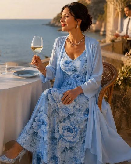 Women's Floral Maxi Dress with a Matching Sheer Duster