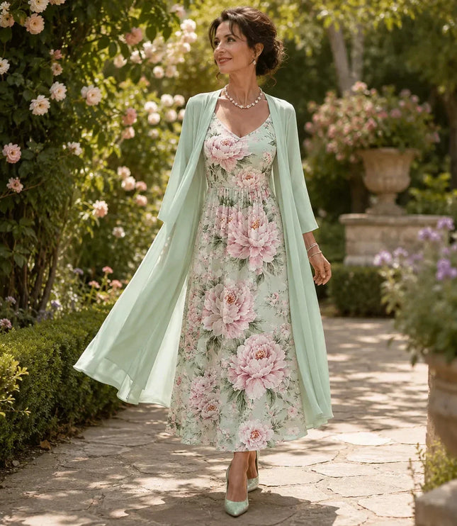 Women's Floral Maxi Dress with a Matching Sheer Duster