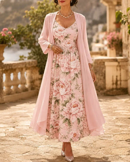 Women's Floral Maxi Dress with a Matching Sheer Duster