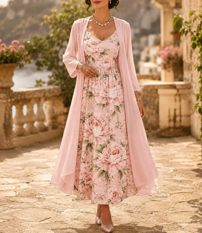 Women's Floral Maxi Dress with a Matching Sheer Duster