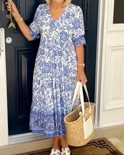 Women's Floral Maxi Summer Dress with V-Neck and Short Sleeve