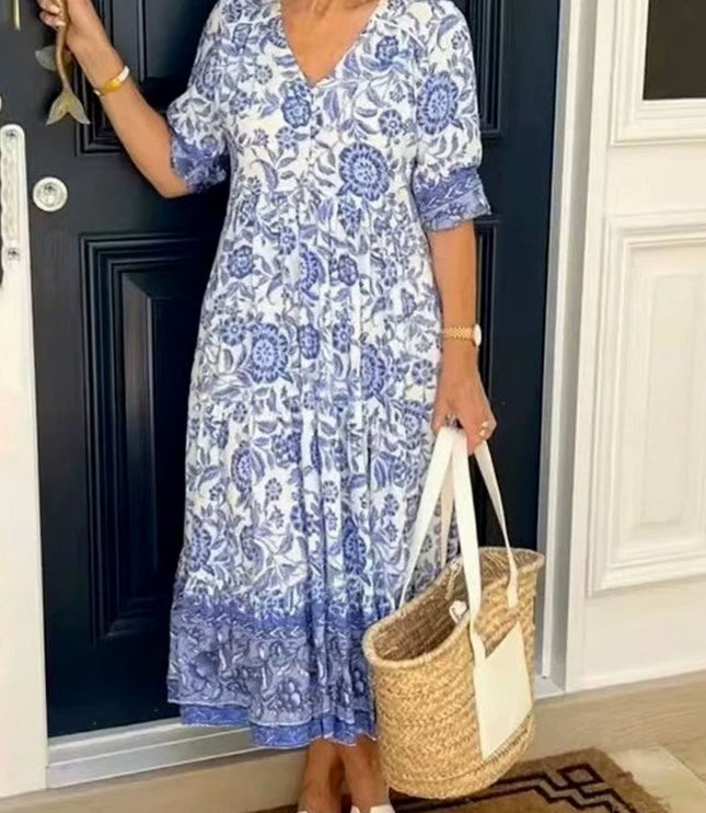 Women's Floral Maxi Summer Dress with V-Neck and Short Sleeve