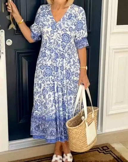 Women's Floral Maxi Summer Dress with V-Neck and Short Sleeve
