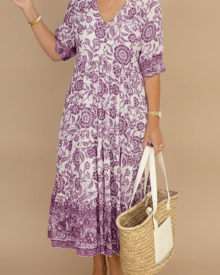Women's Floral Maxi Summer Dress with V-Neck and Short Sleeve