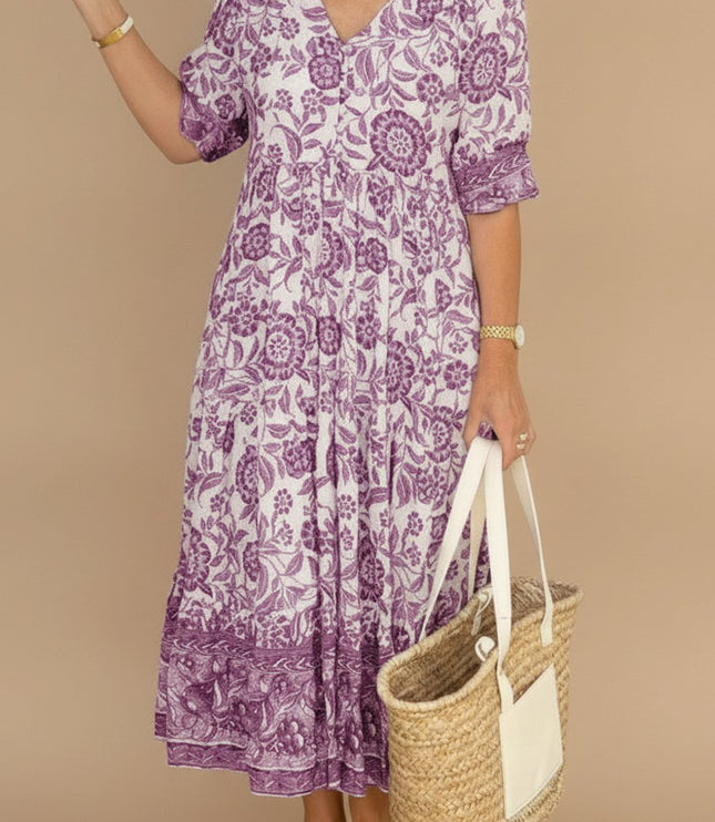 Women's Floral Maxi Summer Dress with V-Neck and Short Sleeve