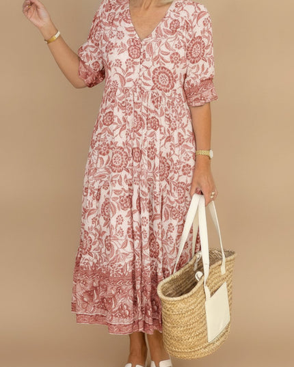 Women's Floral Maxi Summer Dress with V-Neck and Short Sleeve