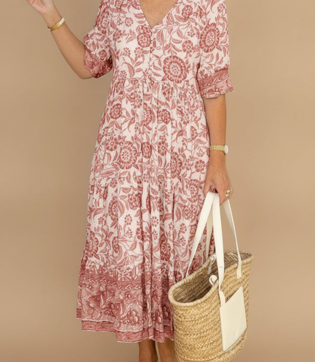 Women's Floral Maxi Summer Dress with V-Neck and Short Sleeve